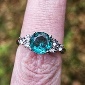 Blue Green Crystal Diamond Silver Ring Size 6.5
